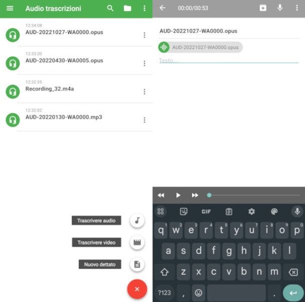 schermate app strumento di trascrizione