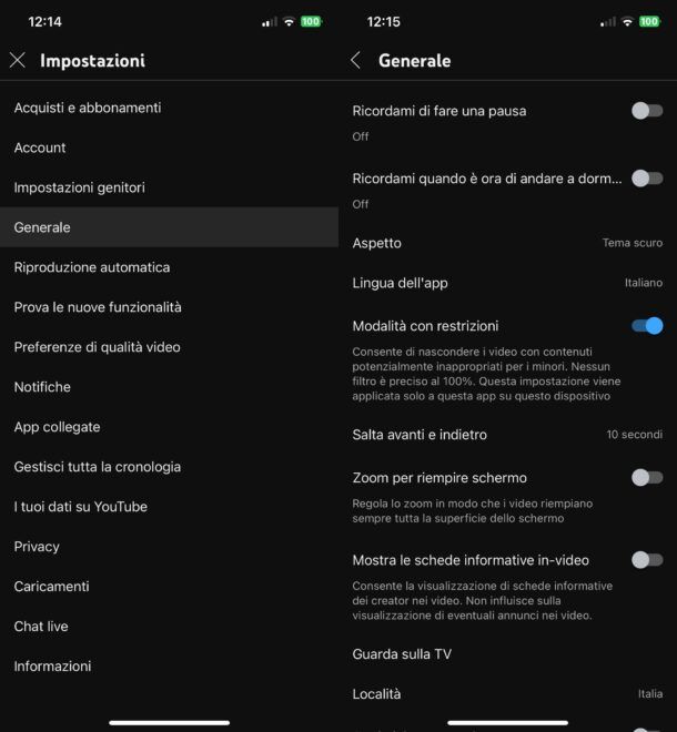 Modalità restrizioni YouTube iOS