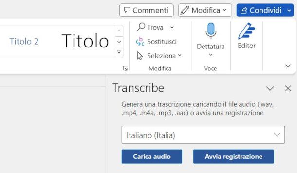 funzione di trascrizione su Word