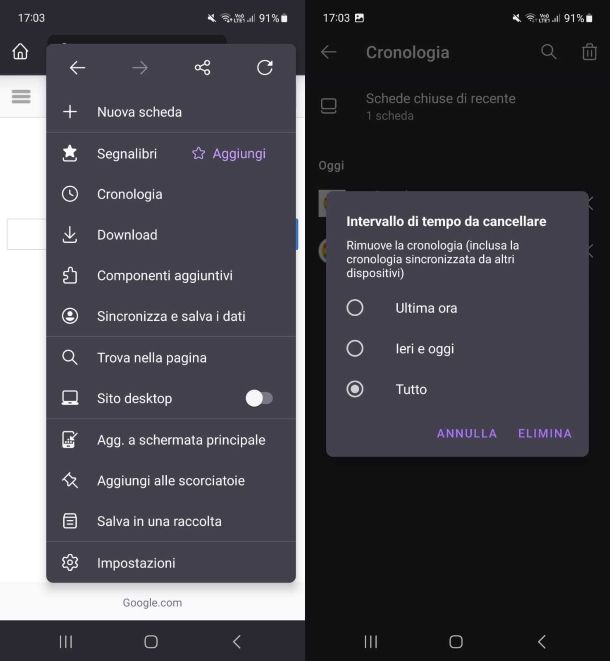 Cancellazione cronologia — Firefox su Android