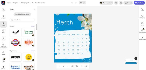 interfaccia Adobe Express con modello calendario