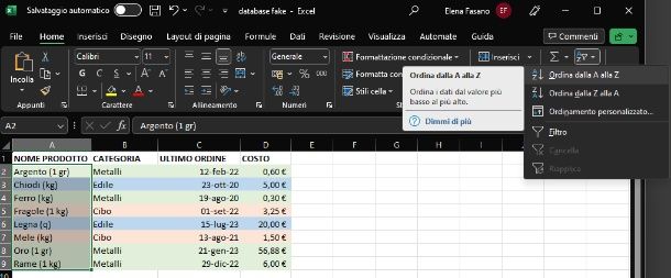 Excel — PC — ordina in ordine alfabetico