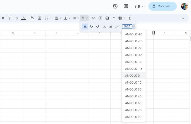 opzioni orientamento testo su Google Fogli