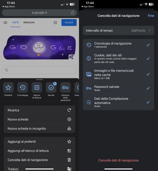 Cancellazione cronologia — Google Chrome su iPhone