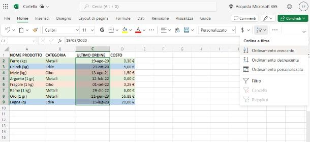 Excel — online — ordina data