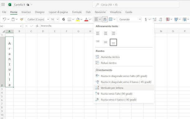 funzione allineamento testo Excel online