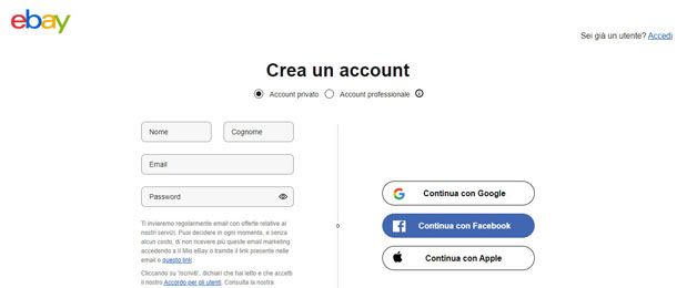 Creare account eBay tramite PC