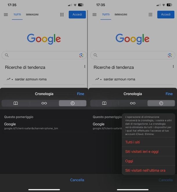 Cancellazione cronologia — Safari su iPhone