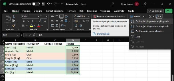Excel — PC — ordina in ordine crescente