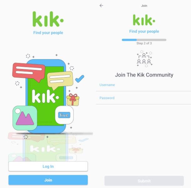 schermate registrazione su app Kik