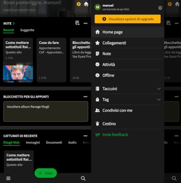 schermata principale e menu Evernote
