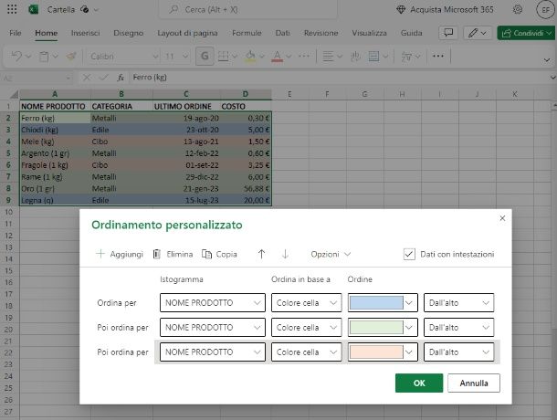 Excel — online — ordina colore