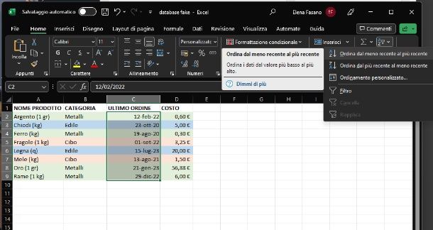 Excel — PC — ordina per data