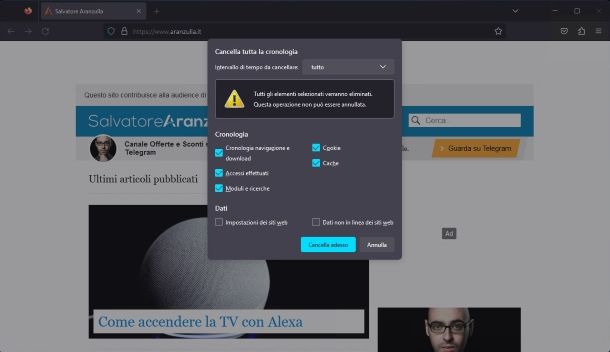 Cancellazione cronologia — Firefox su Windows