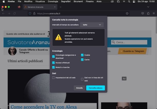 Cancellazione cronologia — Firefox su Mac
