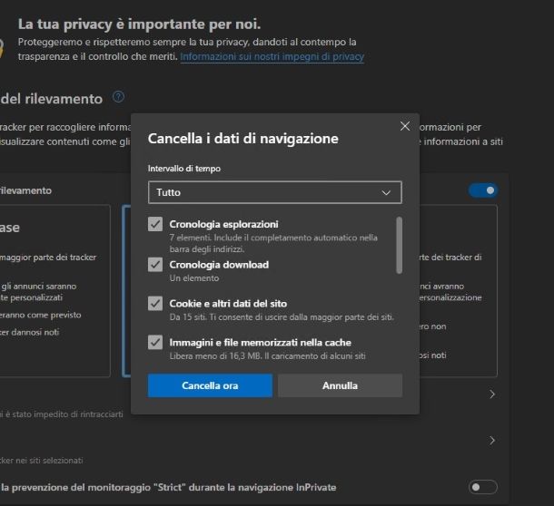 Cancellazione cronologia — Microsoft Edge su Windows