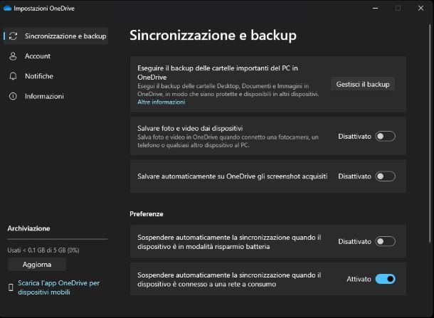 Impostazioni di OneDrive