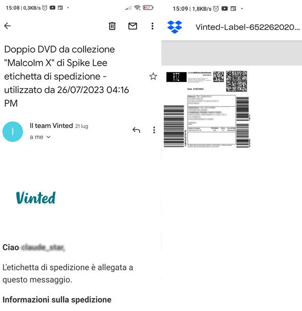 Email con etichetta Vinted