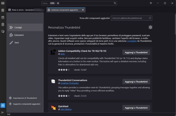 Gestione componenti aggiuntivi Thunderbird