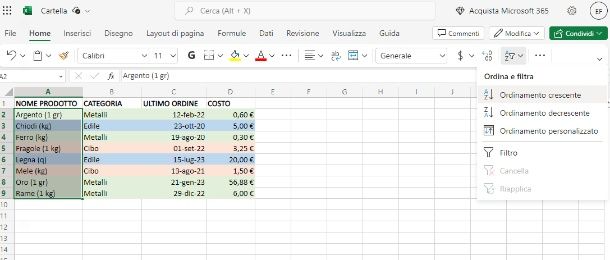 Excel — online — ordina alfabetico