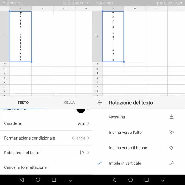 orientamento testo in verticale su app Google Fogli