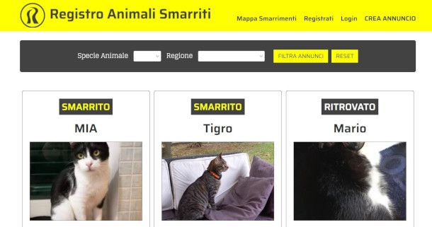 home page sito Registro Animali Smarriti