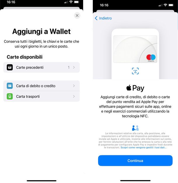 aggiungi carta pagamento su Apple Wallet