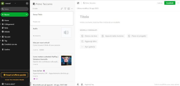 schermata creazione nota su Evernote