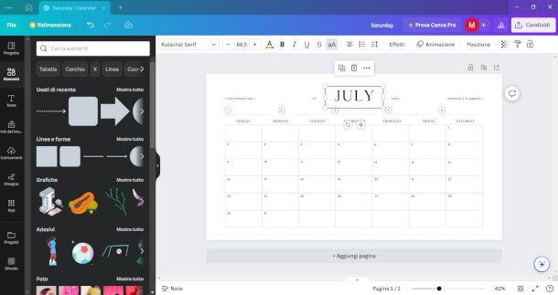 interfaccia Canva per la creazione di un calendario