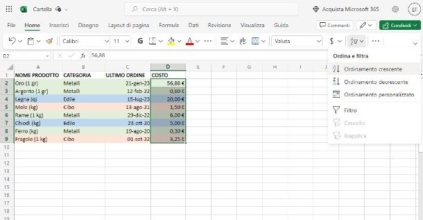 Excel — online — ordina crescente