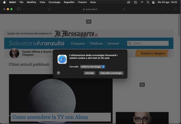 Cancellazione cronologia — Safari su Mac