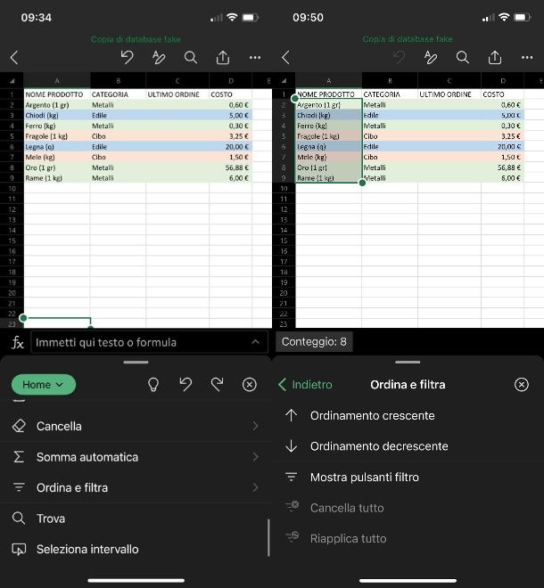 Excel — smartphone — alfabetico