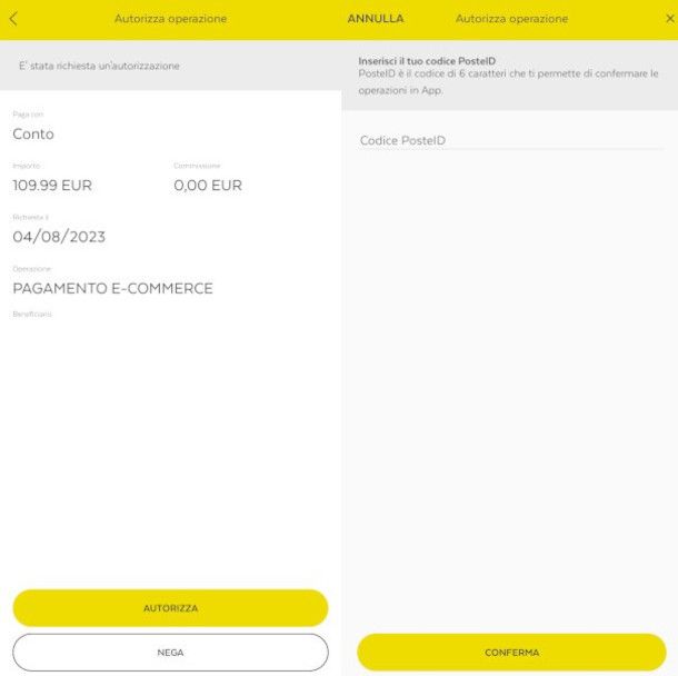 autorizzazione pagamento online da app BancoPosta