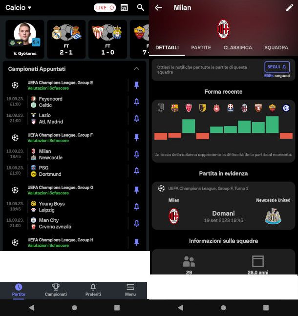 schermate app Sofascore