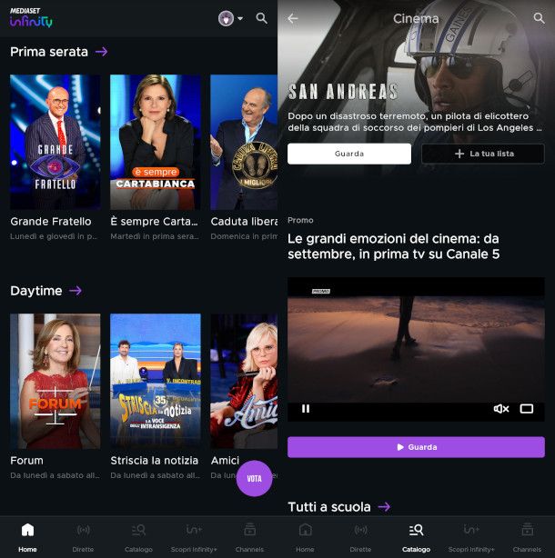 schermate app Mediaset Infinity