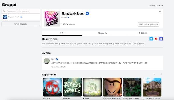 Contattare creatore esperienza Roblox