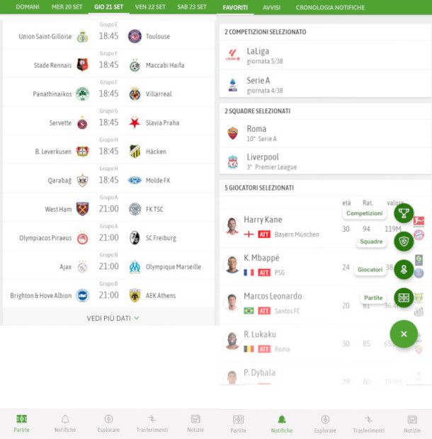 schermata partite app BeSoccer