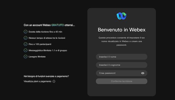 Creare un account su Webex