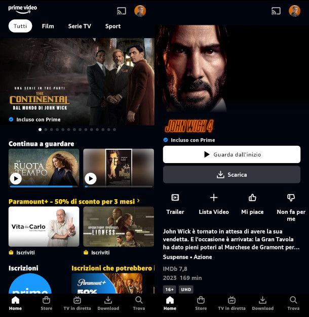 schermata app Amazon Prime Video