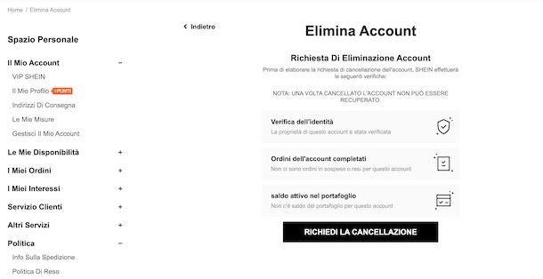 Eliminare account SHEIN