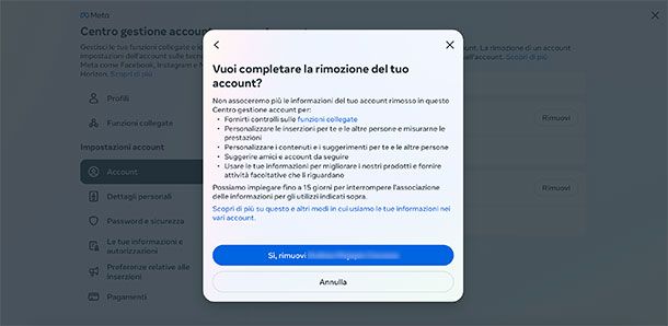 Eliminare account Facebook da Instagram PC
