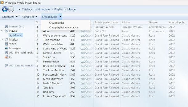 creazione playlist su Windows Media player