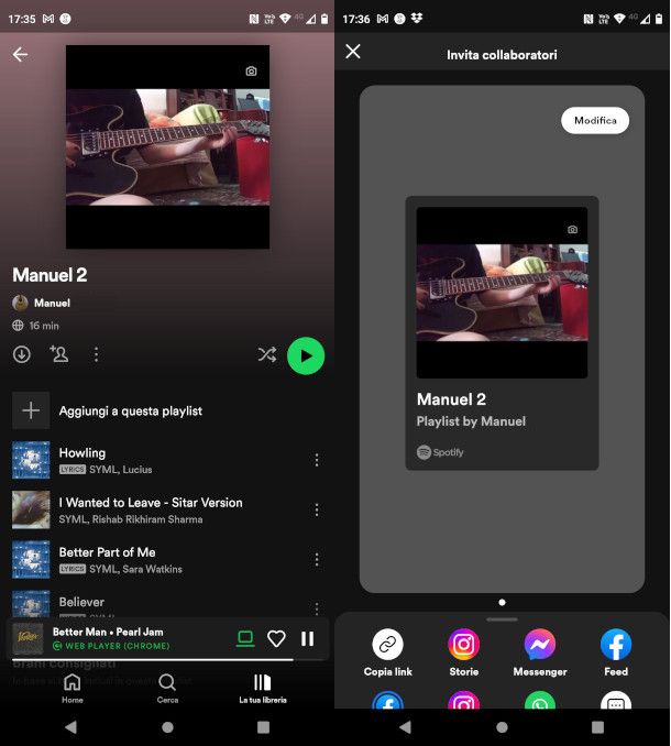 condivisione playlist da app Spotify