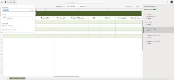 cronologia versioni su Excel online