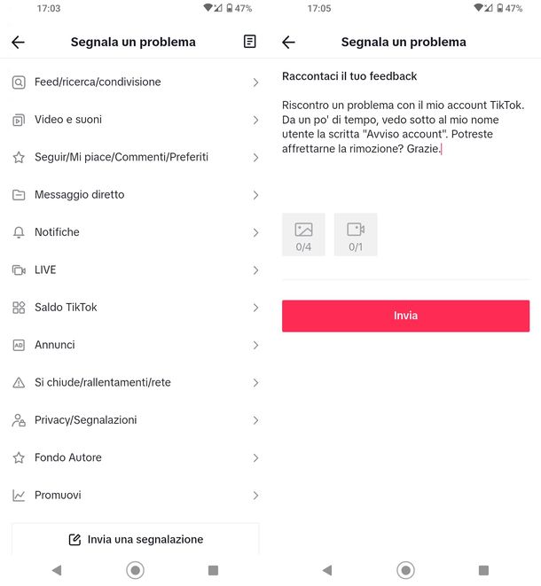 Invio feedback TikTok