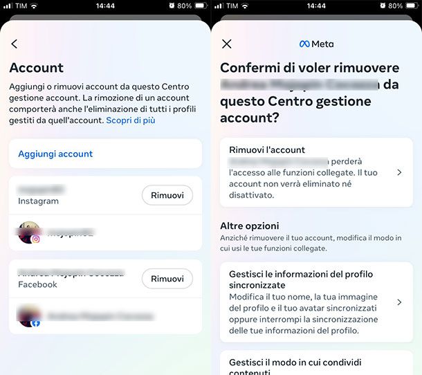 Eliminare account Facebook da Instagram App