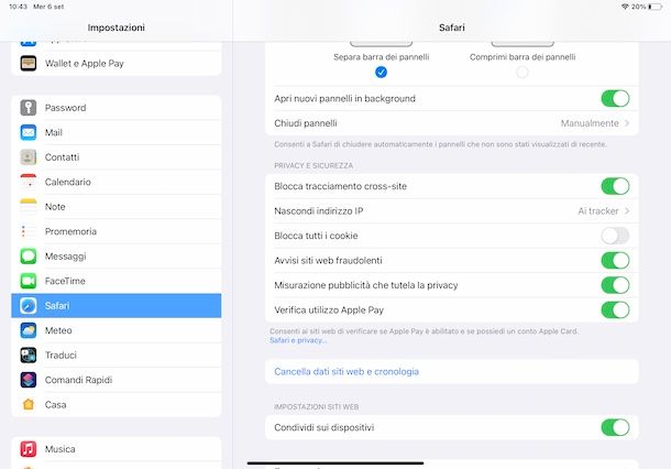 Attivare cookie Safari su iPad