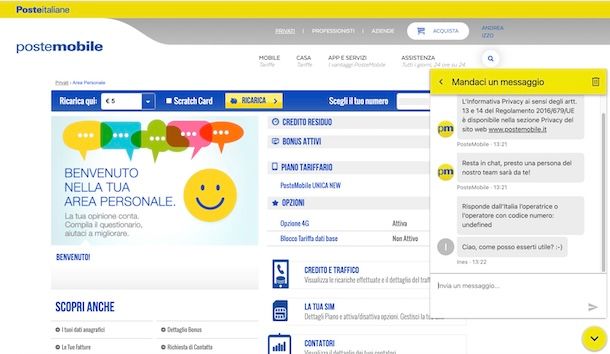 Chattare con operatore PosteMobile
