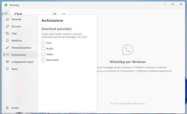 Disattivare download automatici WhatsApp su Windows