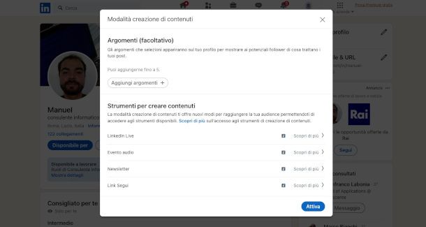 Attivazione modalità creatore di contenuti su LinkedIn